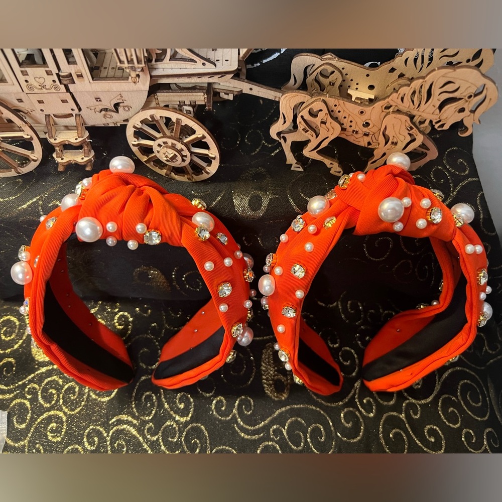 Headband Red/Orange w/ Pearl & Crystal Embellishments NWOT (1) Piece